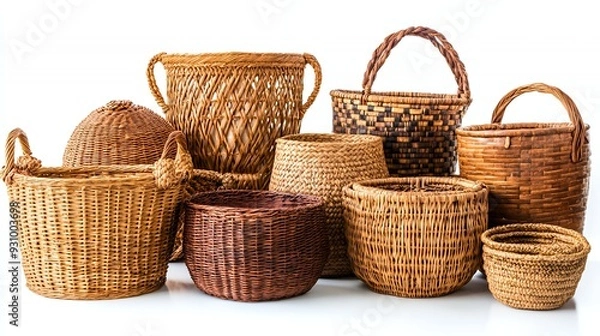 Fototapeta A collection of woven wicker baskets of various shapes and sizes, arranged on a white background.