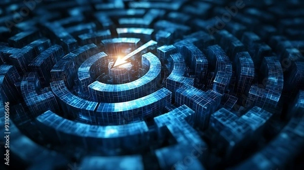 Fototapeta Abstract blue 3D digital maze with an arrow guiding the way through intricate paths.