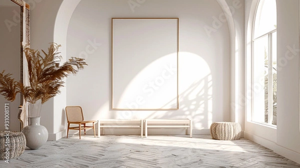 Fototapeta A bright minimalist interior showcasing a large blank frame in a sunlit room