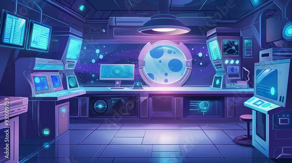 Fototapeta The Spaceship laboratory interior room isolation, game background, Illustration