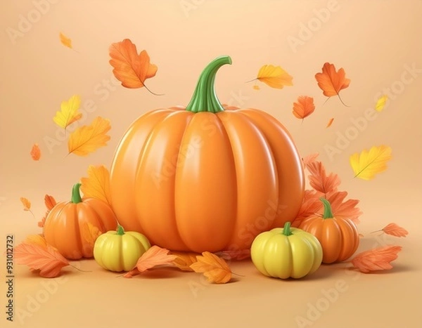 Fototapeta A large orange pumpkin and three smaller pumpkins rest amongst falling autumn leaves, 3D illustration