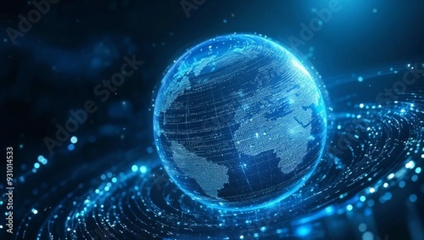 Fototapeta A stunning visualization of Earth through a high-tech lens, showcasing intricate digital patterns and vibrant blue lights, representing connectivity in a cosmic space.