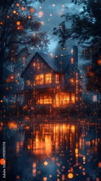 Fototapeta 3D Blender render of real estate market dynamics, featuring a home with upward and downward trend arrows, space for text