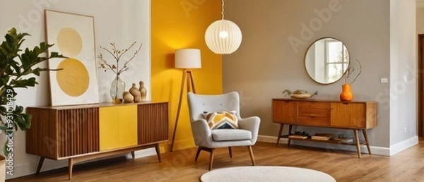 Fototapeta Cozy and stylish mid-century modern living room featuring vintage furniture, vibrant yellow accents, and unique decorative elements, creating a warm and inviting atmosphere.