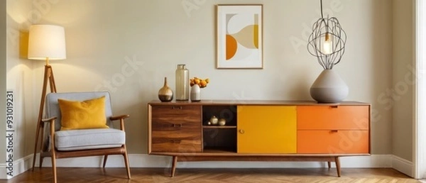 Fototapeta Cozy and stylish mid-century modern living room featuring vintage furniture, vibrant yellow accents, and unique decorative elements, creating a warm and inviting atmosphere.