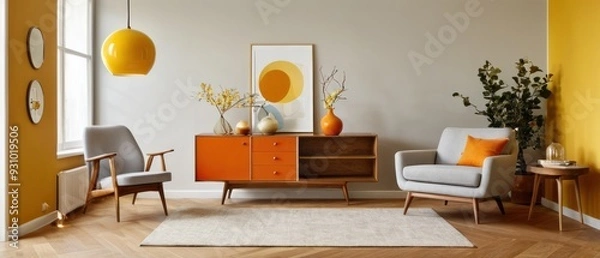 Fototapeta Cozy and stylish mid-century modern living room featuring vintage furniture, vibrant yellow accents, and unique decorative elements, creating a warm and inviting atmosphere.