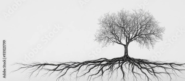 Fototapeta A minimalist black and white image of a tree with visible roots, symbolizing strength and interconnectedness with nature.