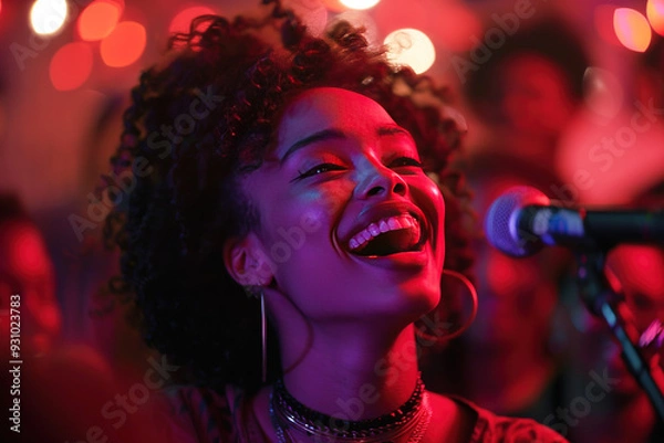 Fototapeta Karaoke at a fun party with a microphone, happy group of people having fun with music.