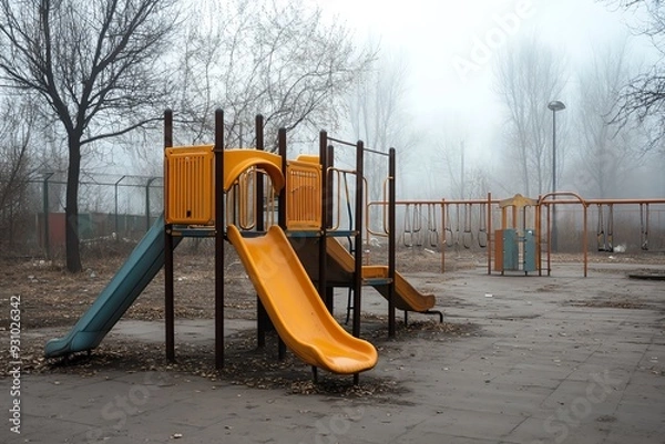 Fototapeta An abandoned playground covered in a layer of fine dust, showcasing the effect of pollution on recreational areas and public health