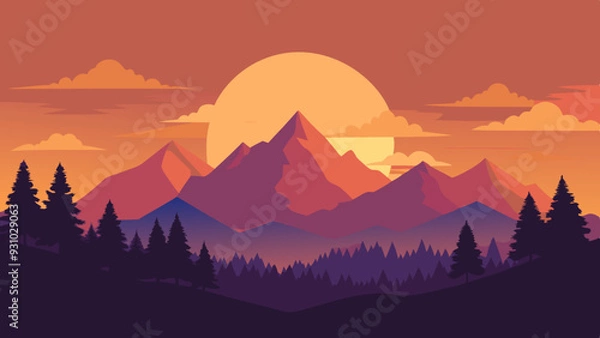 Obraz A tranquil summer sunset over a mountain silhouette	vector art illustration