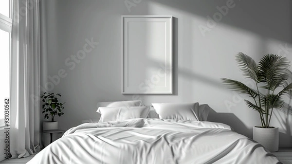 Fototapeta Bright and airy bedroom with simple decor and large windows during the day