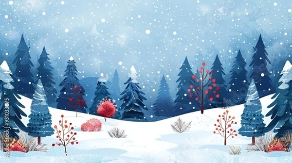 Obraz Watercolor painting of a snowy winter forest with pine trees, red berries, and snow falling.
