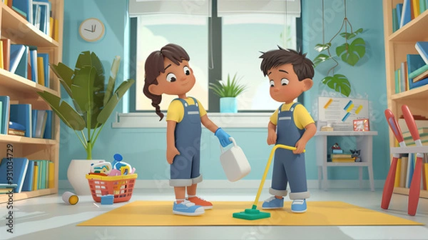 Fototapeta Illustration of students clean the classroom together