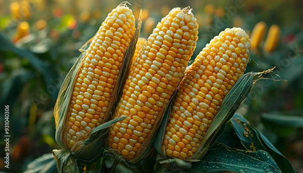 Fototapeta Sweetcorn ripe on the cob, healthy organic food freshness generated by AI