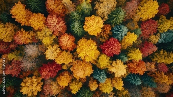 Fototapeta Vibrant autumn forest showcasing a stunning mix of colorful trees in shades of red, orange, and yellow from above.