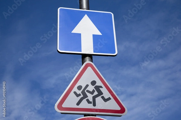 Fototapeta School and One Way Direction Traffic Sign