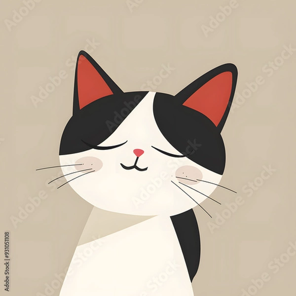 Fototapeta Presented here is a delightful black and white cartoon cat illustration with closed eyes, ideal for childrens content and decoration thanks to its serene and straightforward design