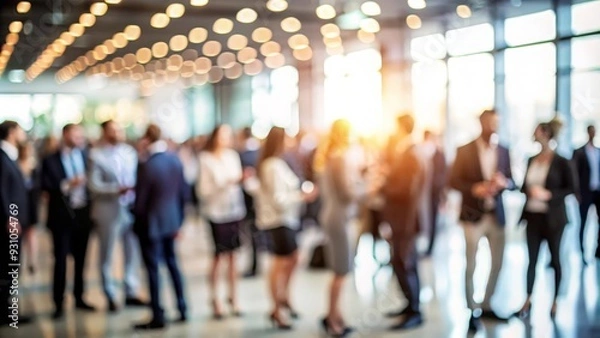 Fototapeta Blurred background of people mingling at a corporate networking event.
