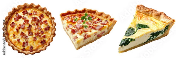 Fototapeta Delicious assortment of savory pizzas and quiche slices on a white background
