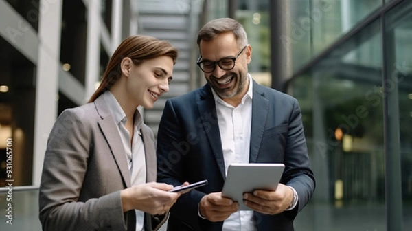 Obraz A portrait of two business people smiling and looking at an iPad, standing in front of the entrance to their office building while discussing work together. 
