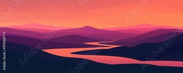 Fototapeta A serene river flows through a vibrant mountain landscape, where warm colors blend in a tranquil sunset scene.