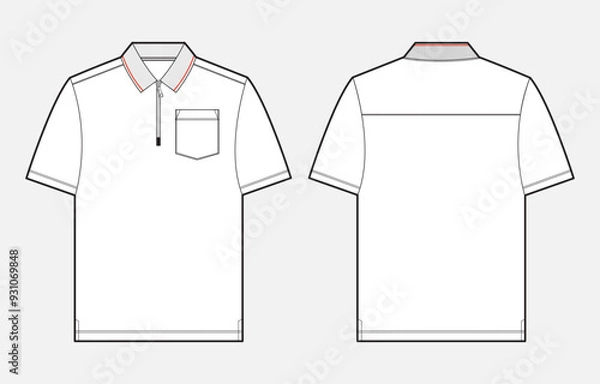 Fototapeta  Polo shirt technical drawing fashion flat sketch vector illustration template front and back views. Men's and boys polo t shirt clothing mock up cad.