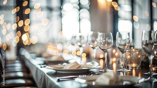 Fototapeta Blurred background of an elegantly set table at a charity gala event.
