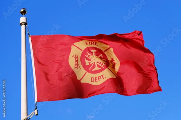 Fototapeta A red Fire Department Flag waving against a blue sky background