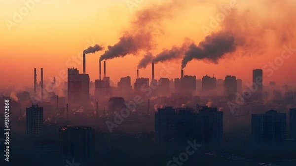 Fototapeta 81. A polluted cityscape with toxic smog and industrial pollution obscuring the skyline