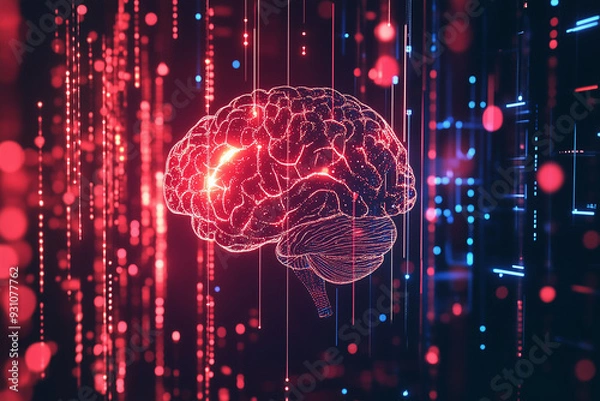 Fototapeta The brain and technology. neon colors, lines and dots.