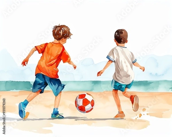 Fototapeta Two boys joyfully playing soccer on the beach, showcasing fun and energy in a vibrant watercolor style.