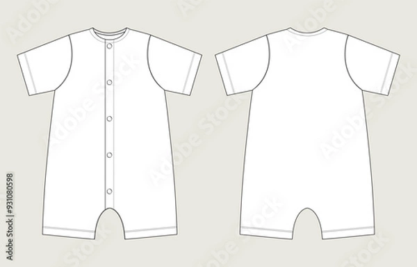 Fototapeta Short sleeve Romper bodysuit technical drawing fashion flat sketch vector illustration template for kids