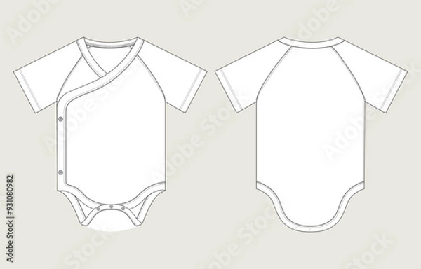 Fototapeta Short sleeve Romper bodysuit technical drawing fashion flat sketch vector illustration template for kids