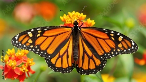 Fototapeta A close-up of an orange monarch butterfly feeding on a bright flower