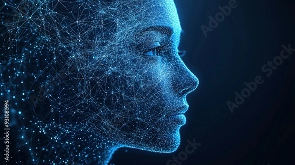 Fototapeta Future AI: Abstract Digital Human Face with Data Points and Lines on Futuristic Background with Copy Space