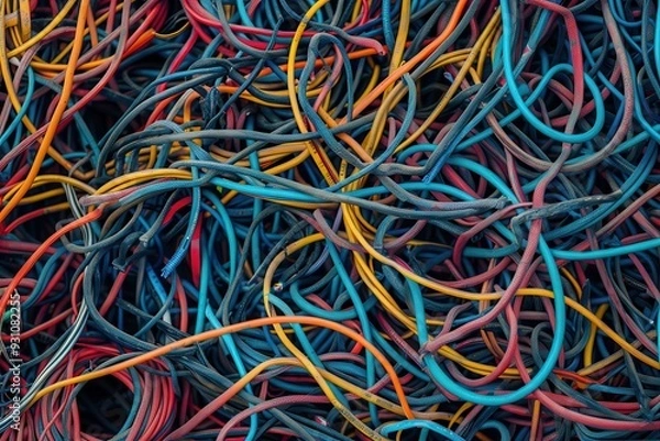 Fototapeta Cords Background. Abstract Electric Networking Lines Tangled in an Electricity Mess