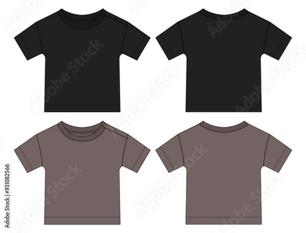 Fototapeta Black and khaki color T shirt tops vector illustration template front and back views. Apparel mock up cad for baby boys
