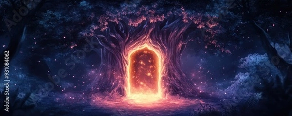 Obraz an ancient tree with a glowing door, leading to a hidden realm