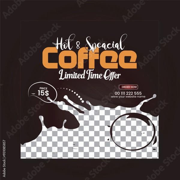 Fototapeta Modern coffee shop for Hot And Special Delicious Coffee Drink menu template for social media post. Vector illsustration
