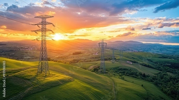 Fototapeta High-voltage transmission lines stretching across a rural landscape, representing the distribution of electrical energy.