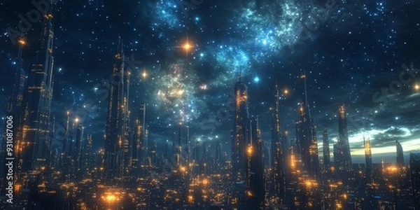 Fototapeta Close-up of a highly advanced city, with futuristic infrastructure, energy grids, and dynamic urban spaces, all glowing under a starry sky