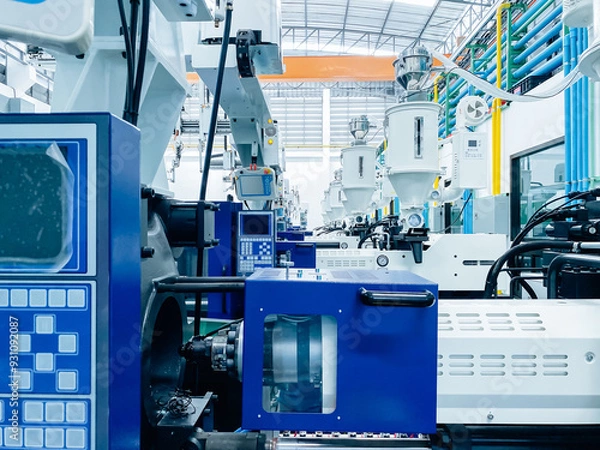 Fototapeta High-tech plastic injection molding machines lined up in a modern factory.