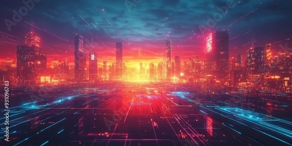 Obraz Close-up of a futuristic landscape with advanced infrastructure, smart energy grids, and glowing skyscrapers under a vibrant horizon