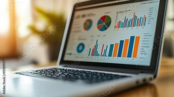 Fototapeta A laptop screen displaying colorful and detailed analytical charts, illustrating data analysis and business metrics in a professional work environment.
