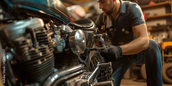 Fototapeta A man working on motorcycle in a garage performing maintenance and repair on engine parts.
