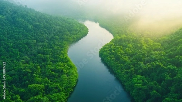 Fototapeta Aerial view of a winding river flowing through a lush green forest.