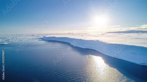 Fototapeta Aerial view of a large iceberg in a frozen ocean landscape, with a bright blue sky and sunshine.