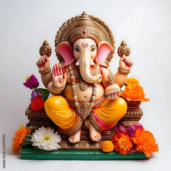 Fototapeta Traditional Clay Idol of Lord Ganesha, decorated with colorful flowers, placed on a vib,  Ganesh Chaturti