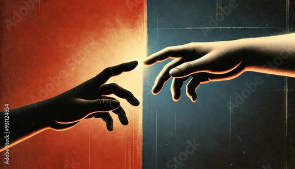 Obraz Digital illustration of two contrasting hands reaching out towards each other, symbolizing unity and connection.