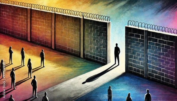 Obraz A visual representation of people separated by a barbed wire fence, highlighting themes of division, inequality, and barriers.